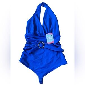SKA Studio Blue One Piece Swimsuit Halter Belted O-Ring Ruched Poolside Glam LXL